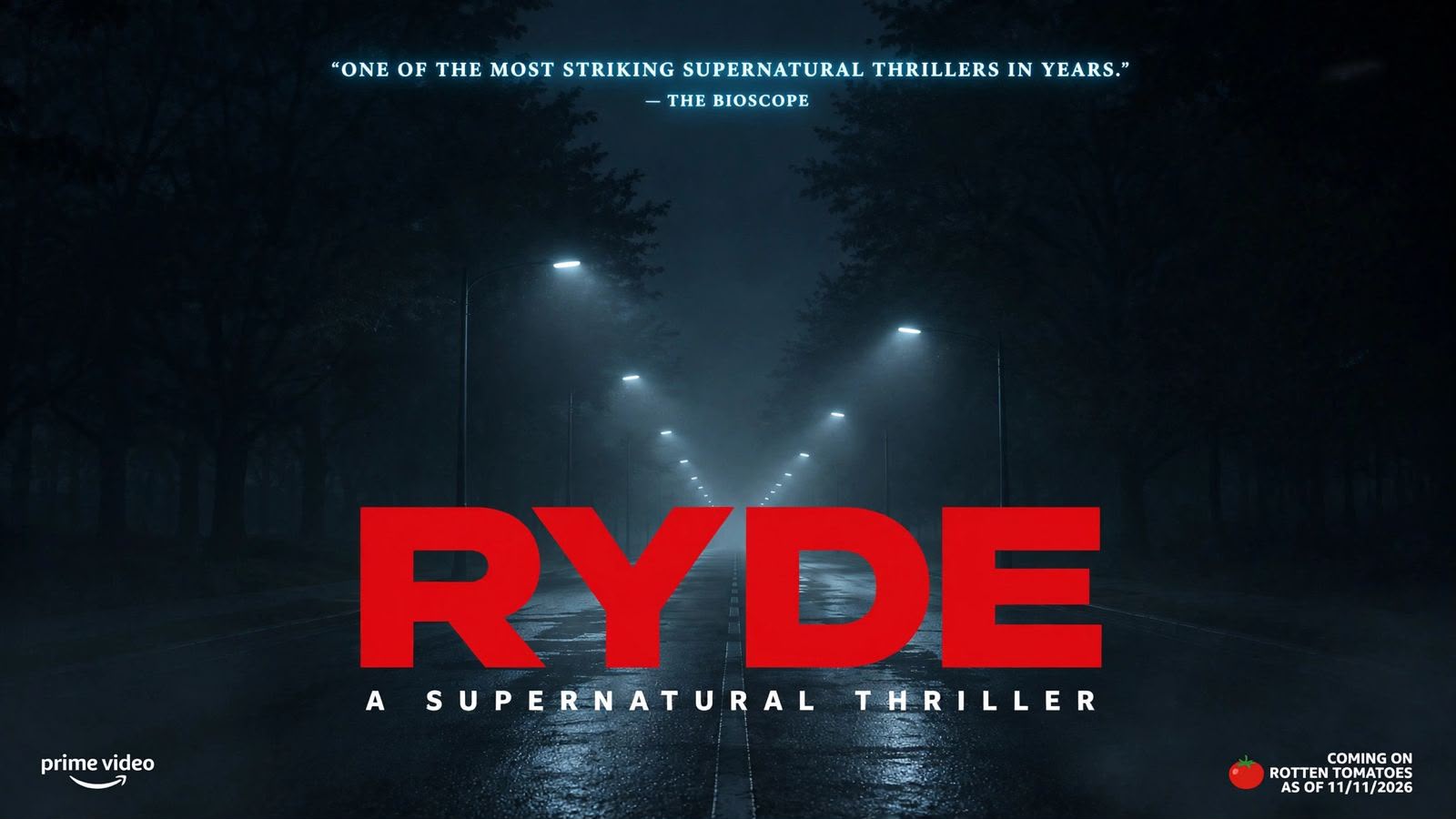 Key art for RYDE: a fog-lit road at night under streetlamps